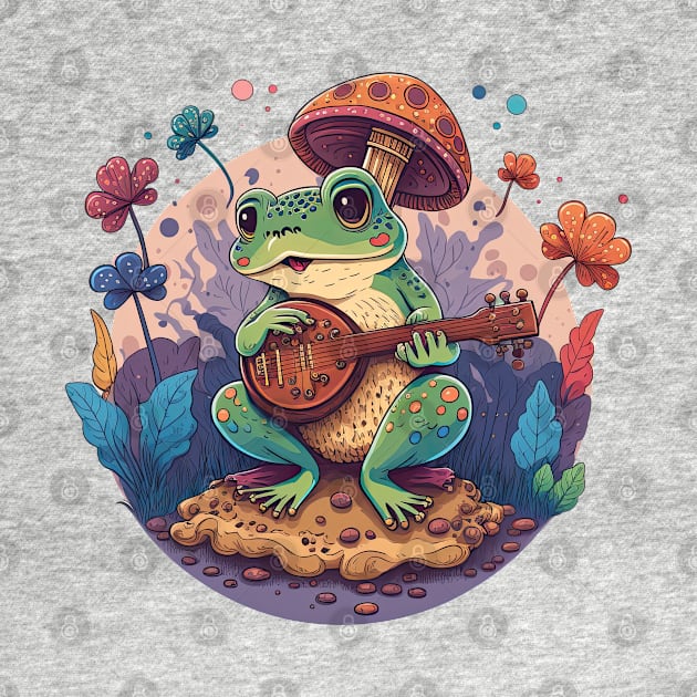 Cottagecore aesthetic cute frog playing ukelele on Mushroom by JayD World